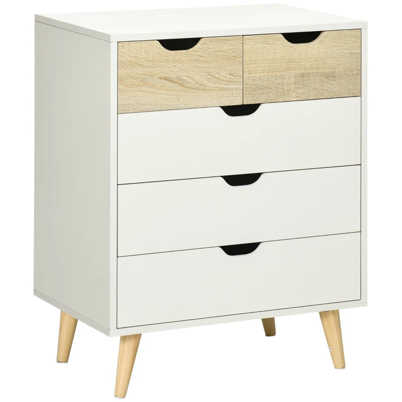 Cómoda Aspen de 5 cajones estilo nórdico en blanco y roble en un dormitorio