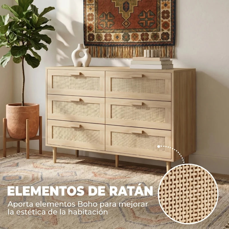 Cómoda de estilo bohemio integrada en un dormitorio cálido