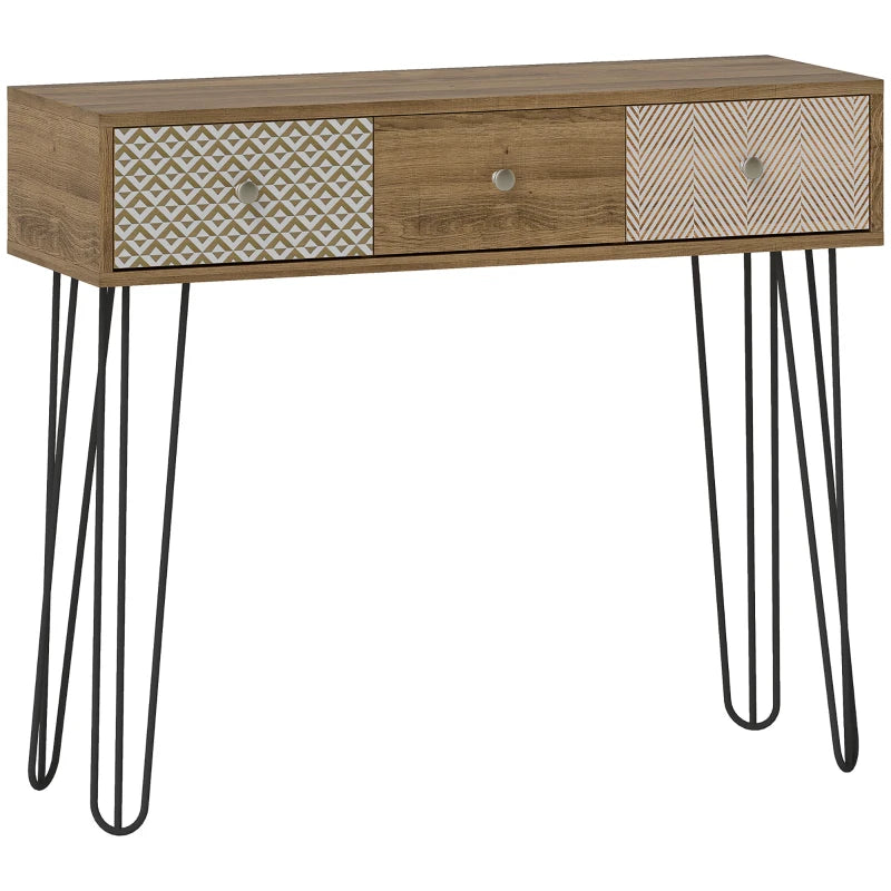 Consola Bohemia de madera natural con tres cajones en un recibidor