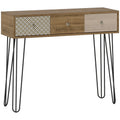 Consola Bohemia de madera natural con tres cajones en un recibidor