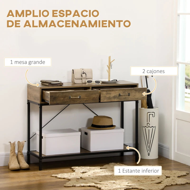 Consola Camden Recibidor Industrial 100 cm con 2 Cajones y Estante Madera y Metal Negro
