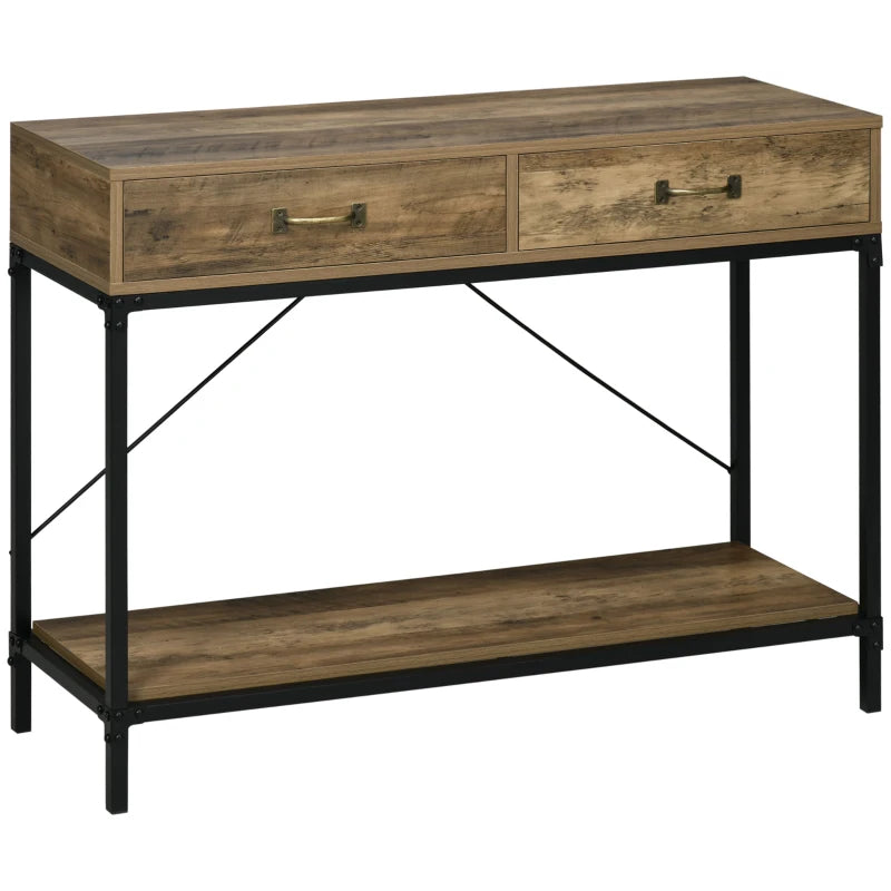 Mesa consola Camden de estilo industrial con tablero efecto madera y estructura de metal negro en un recibidor
