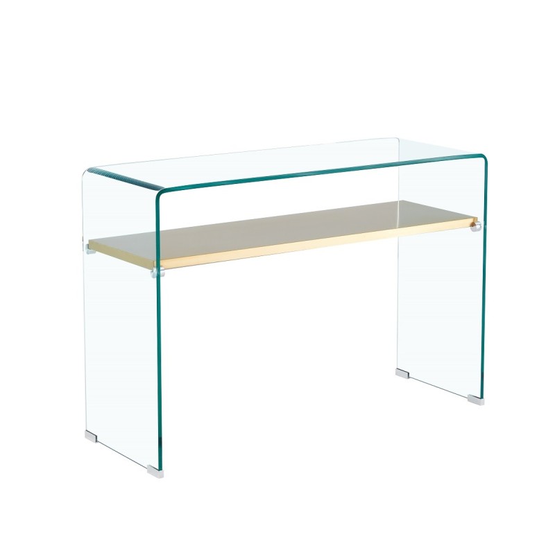 Consola Danburita de cristal curvado con estante dorado, vista frontal