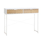 Mesa consola Dover estrecha en blanco y roble con dos cajones en un recibidor moderno