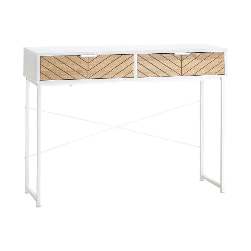 Mesa consola Dover estrecha en blanco y roble con dos cajones en un recibidor moderno