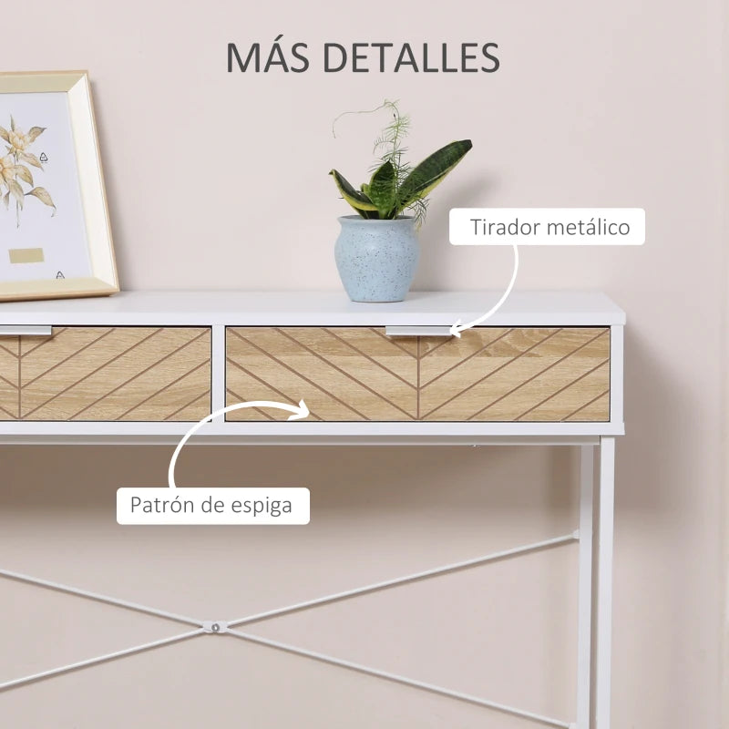 Detalle de los cajones con diseño de líneas talladas de la mesa consola Dover
