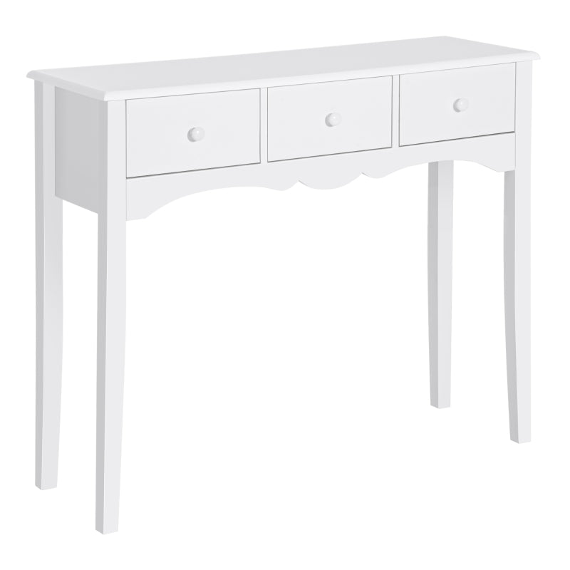 Mesa consola estrecha Henley en blanco con 3 cajones en un recibidor