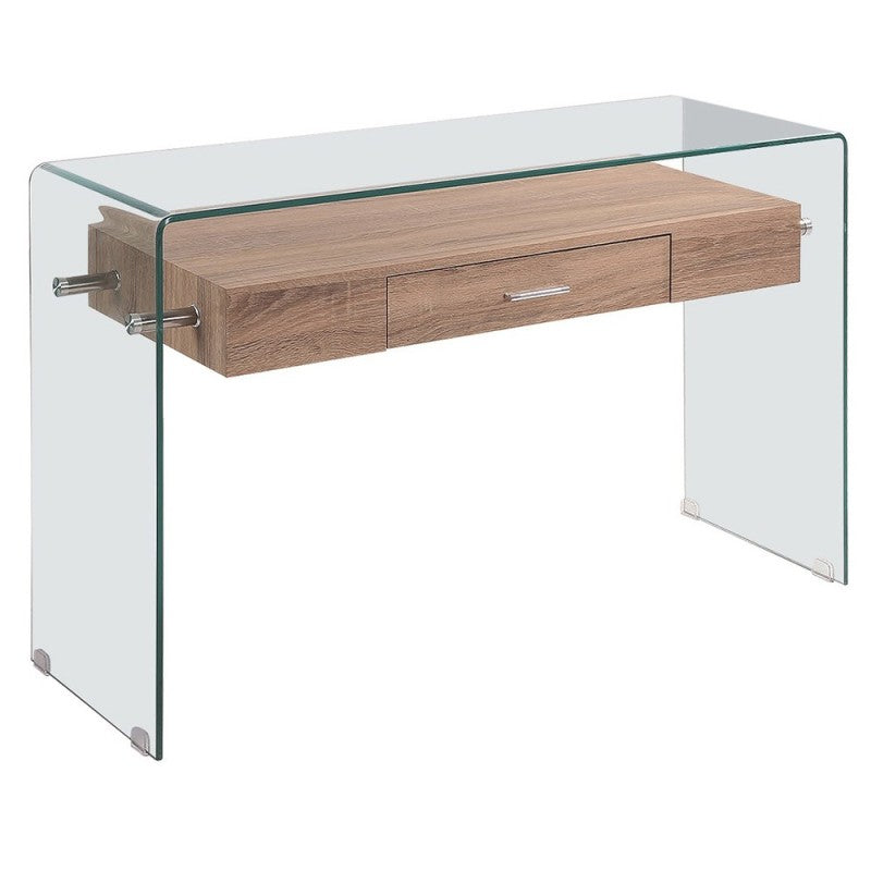 Consola Hialita de cristal curvado con estante de madera y cajón, vista frontal