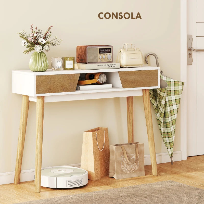 Consola Vega colocada en un pasillo estrecho como mueble auxiliar