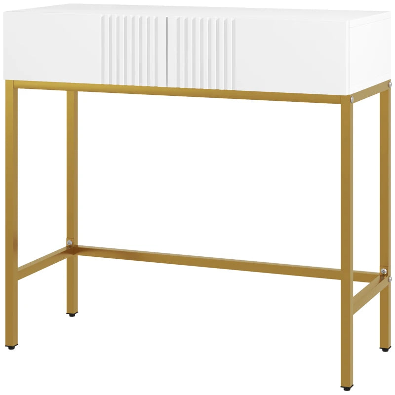 Mesa consola Wiesbaden en blanco con patas doradas en una entrada moderna