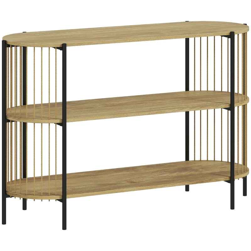 Mesa consola Willow de estilo bohemio en madera natural con laterales de cuerda de papel en un recibidor