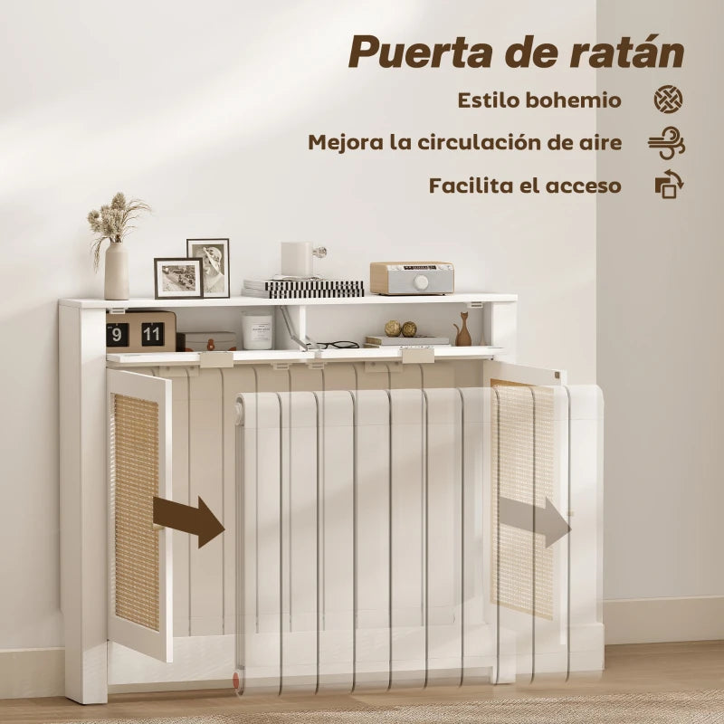 Detalle del ratán natural que deja pasar el calor del radiador