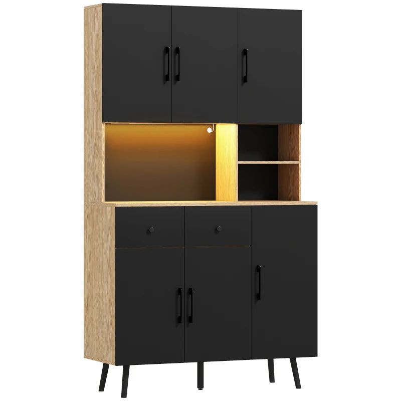 Despensa alta Ludlow en negro y roble con luz LED RGB encendida en una cocina