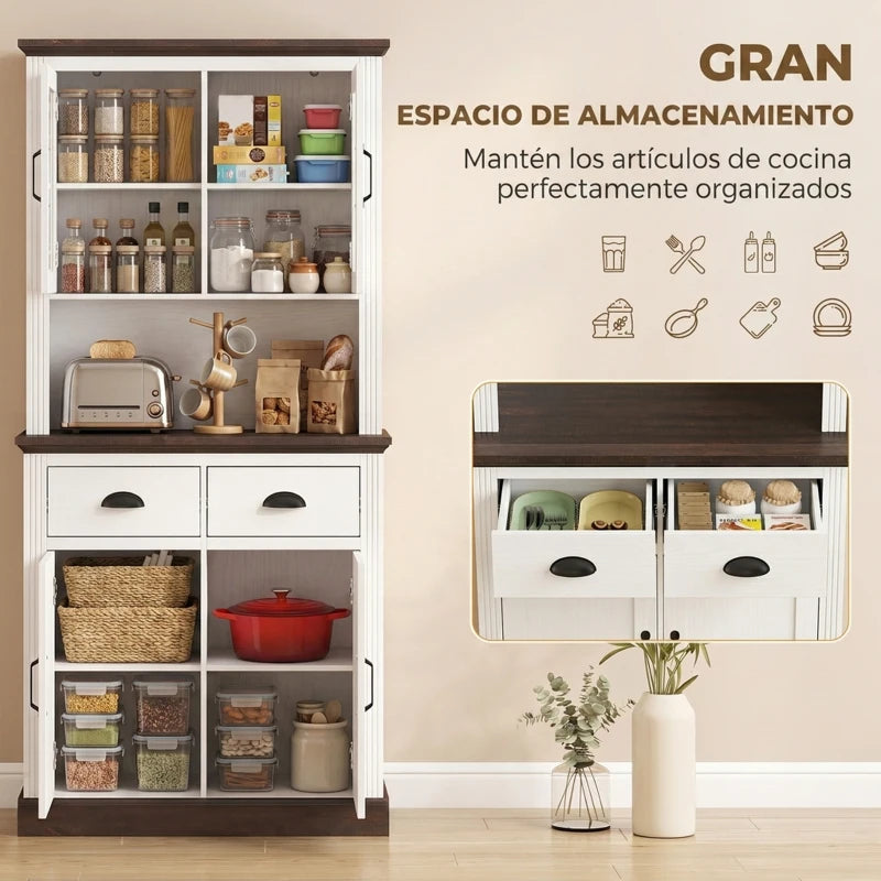 Detalle del acabado bicolor blanco y madera oscura de la despensa Meissen