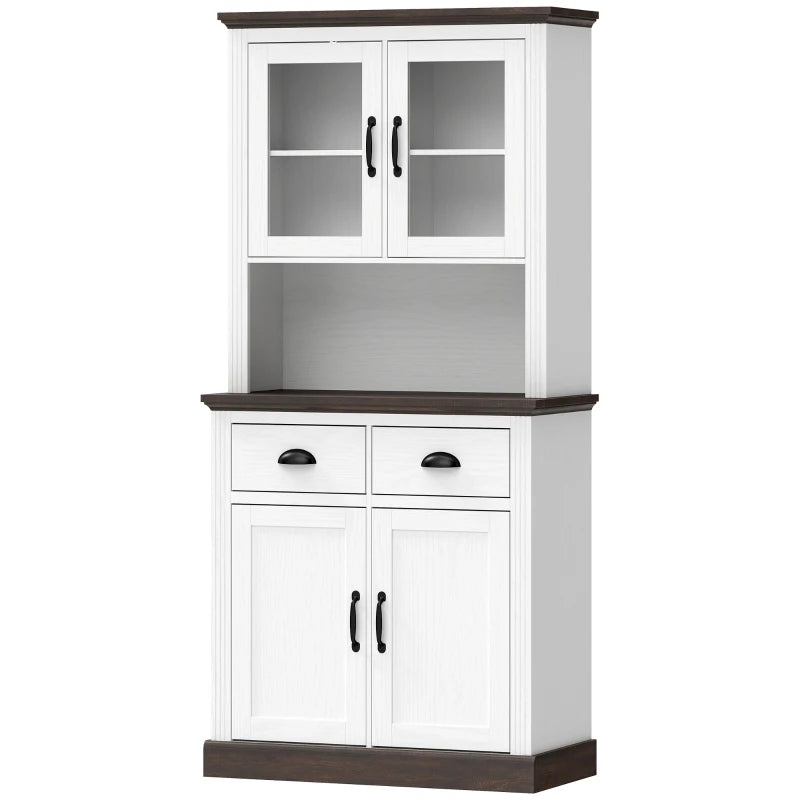 Despensa alta Meissen blanca y efecto madera con puertas de cristal en una cocina