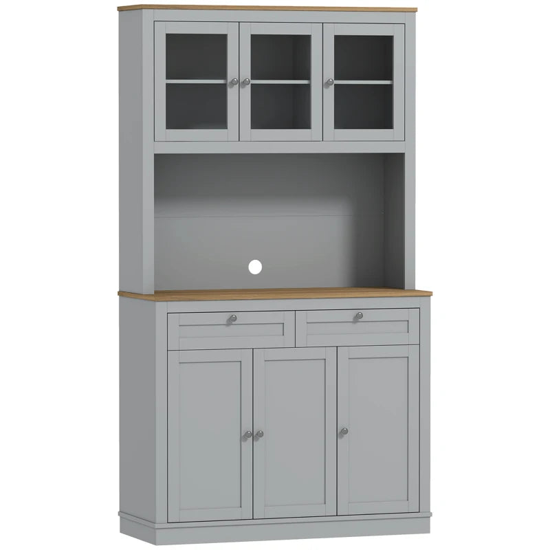 Despensa alta de cocina en gris con puertas de vidrio y encimera