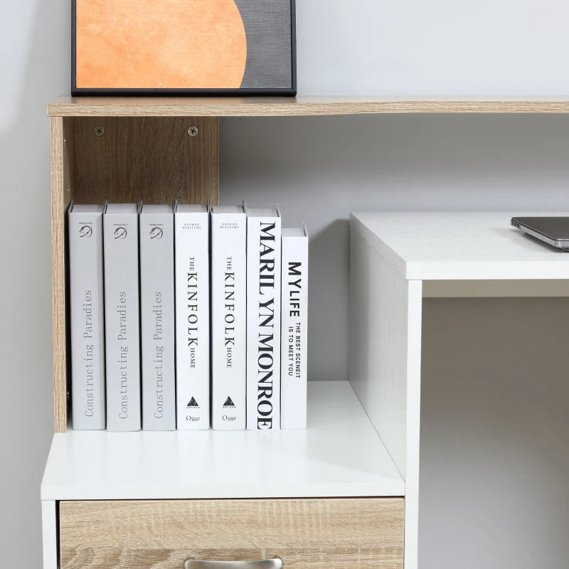 Escritorio con Estantería Ludlow 137 cm Roble y Blanco con 3 Estantes, 2 Cajones y Soporte para Impresora