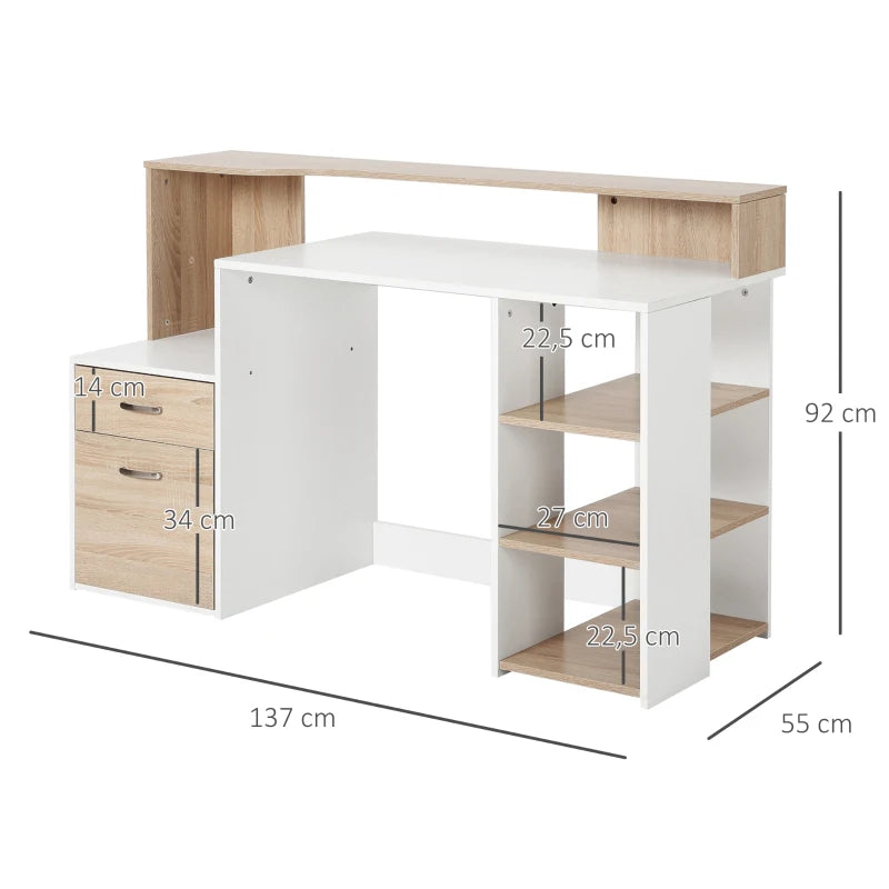 Escritorio con Estantería Ludlow 137 cm Roble y Blanco con 3 Estantes, 2 Cajones y Soporte para Impresora