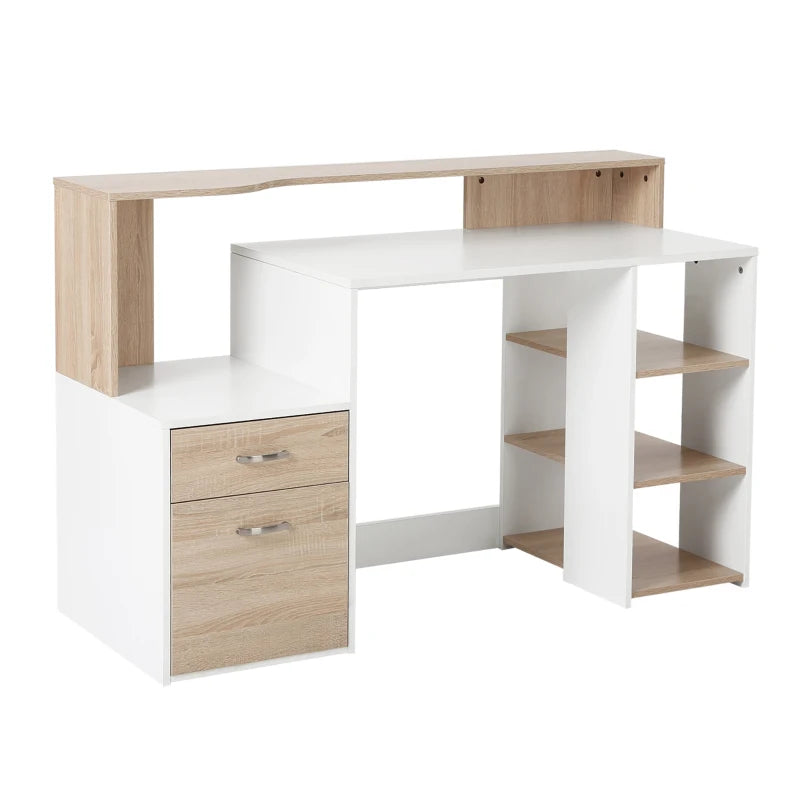 Escritorio con Estantería Ludlow 137 cm Roble y Blanco con 3 Estantes, 2 Cajones y Soporte para Impresora