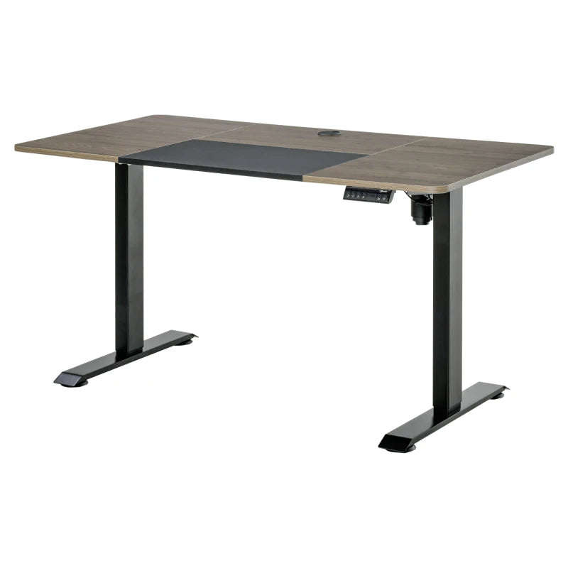 Escritorio elevable Tarso en negro y teca sobre fondo neutro