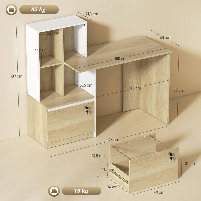 Escritorio Vannes con Estantería 126 cm Roble y Blanco con 4 Estantes y Cajón Archivador con Cerradura