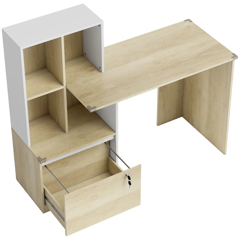 Escritorio Vannes con Estantería 126 cm Roble y Blanco con 4 Estantes y Cajón Archivador con Cerradura