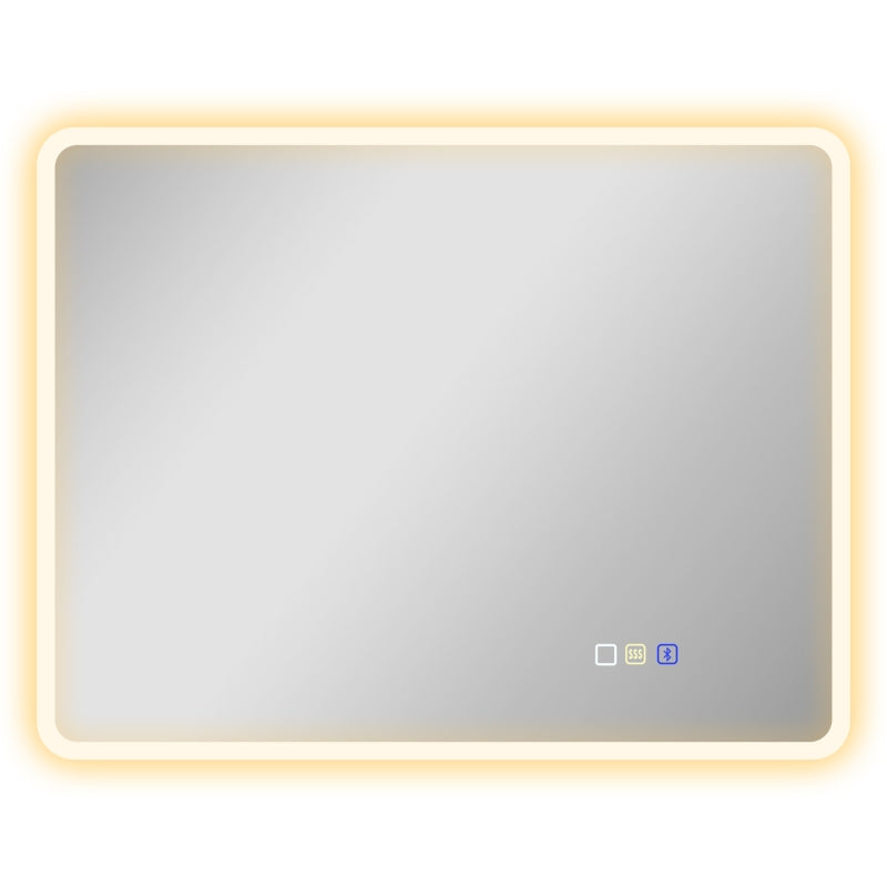 Espejo de baño Argés con luz LED y Bluetooth encendido en un baño moderno
