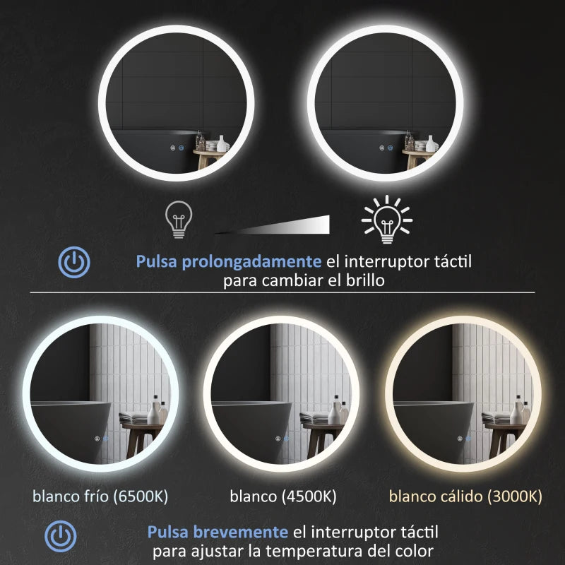 Espejo de Baño Calera Redondo con Luz LED 70 cm con 3 Colores de Luz, Antivaho y Función Memoria