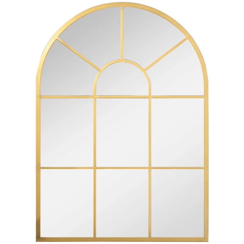 Espejo de pared dorado con forma de ventana arqueada visto de frente