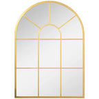Espejo de pared dorado con forma de ventana arqueada visto de frente