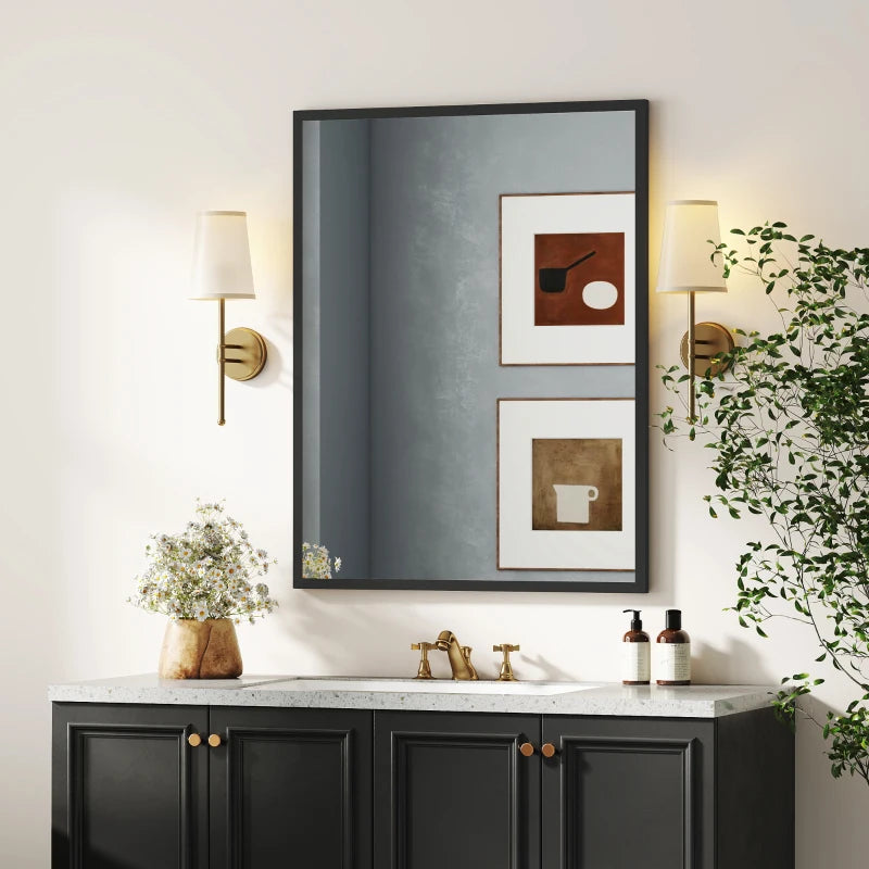 Espejo de Pared Vidar Rectangular 70x90 cm Negro con Marco Fino para Baño Salón y Entrada