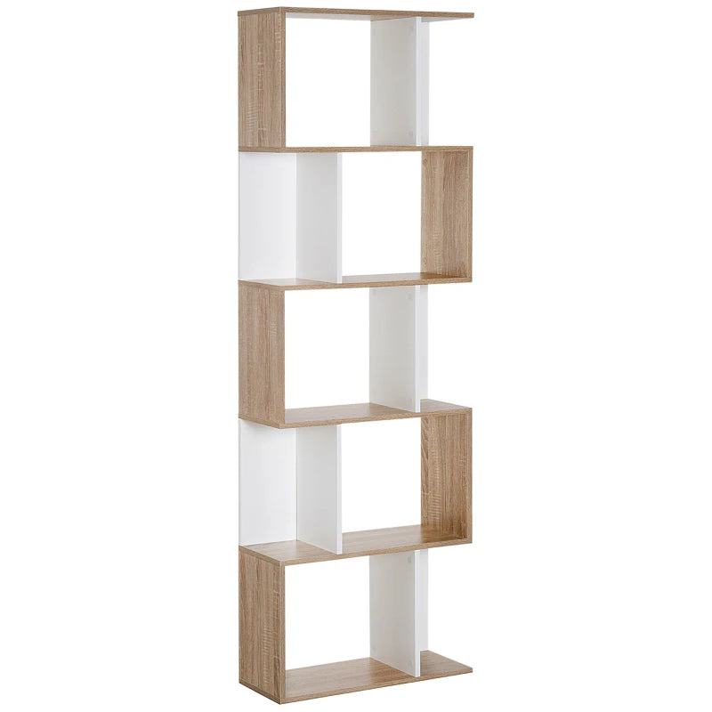 Estantería en forma de S de 184,5 cm en blanco y madera con cinco niveles