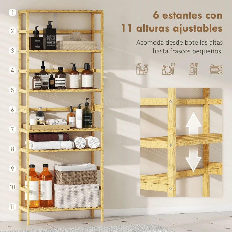 Detalle de las baldas ajustables en altura de la estantería de bambú Nara