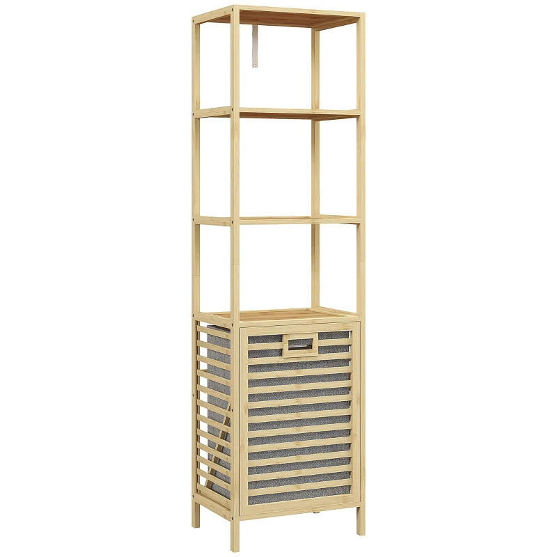 Estantería de baño de bambú natural con tres estantes abiertos y cesto de ropa