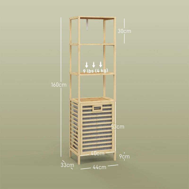 Esquema de medidas de la estantería de baño: 44 cm de ancho, 33 cm de fondo y 160 cm de alto