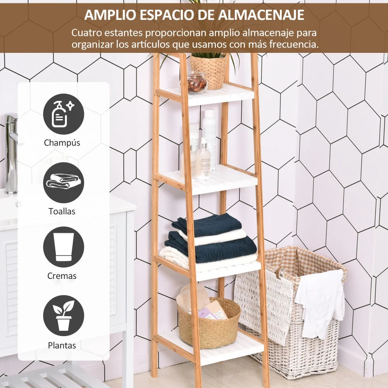 Vista lateral de la estantería de baño con forma de escalera y estantes escalonados