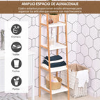 Vista lateral de la estantería de baño con forma de escalera y estantes escalonados