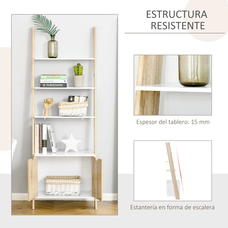 Detalle del acabado en melamina roble y blanco de la estantería
