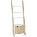 Estantería en forma de escalera en roble y blanco con 3 estantes y armario
