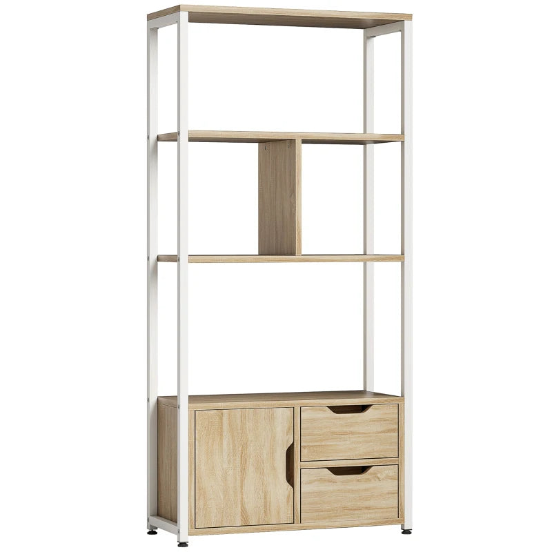 Estantería industrial Gdansk con estructura blanca y estantes en tono madera natural