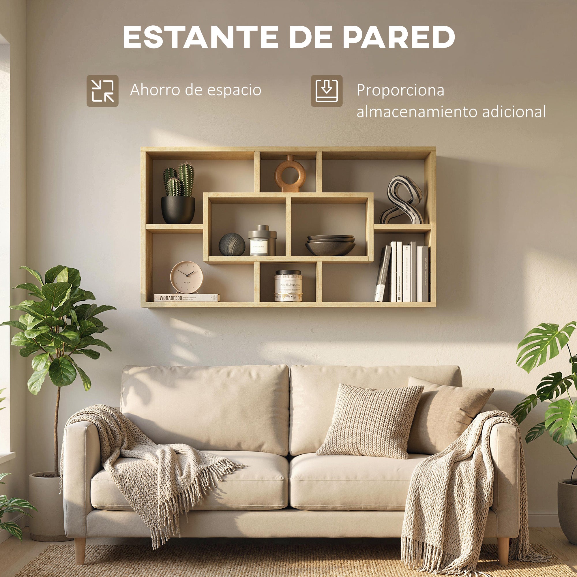 Detalle de los cubos de tres tamaños diferentes de la estantería