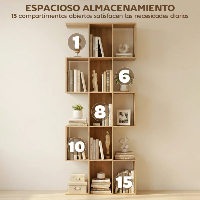 Detalle de los quince compartimentos abiertos de la librería en S