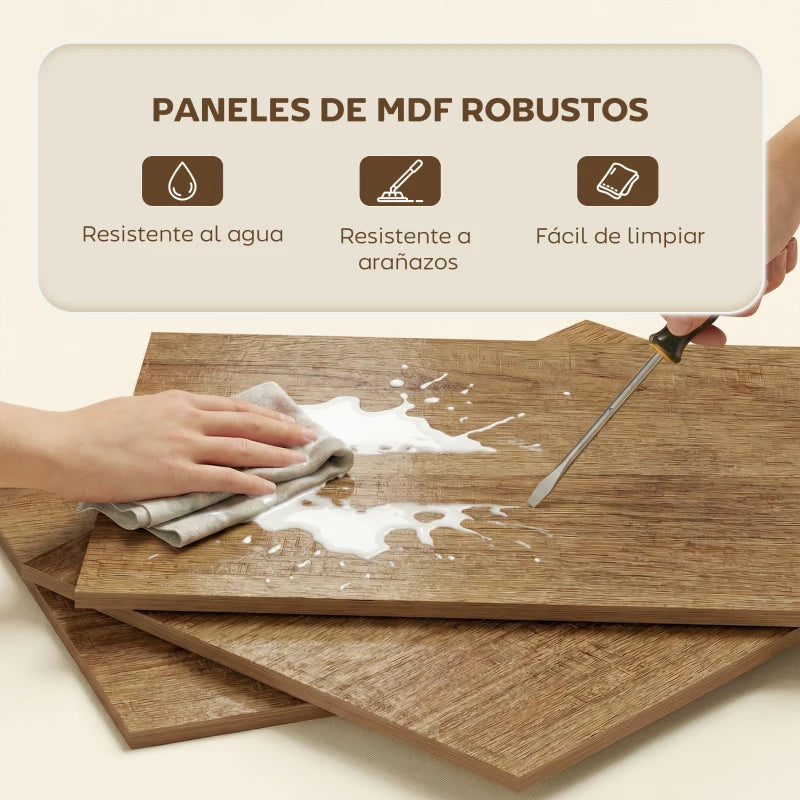 Detalle del acabado en melamina con grano de madera en tono roble