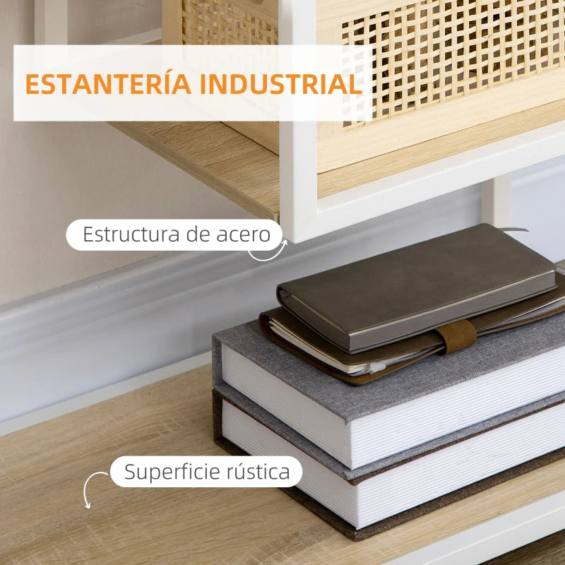 Detalle de las baldas de melamina en acabado roble de la estantería