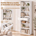 Compartimentos abiertos de dos alturas con libros y cestas
