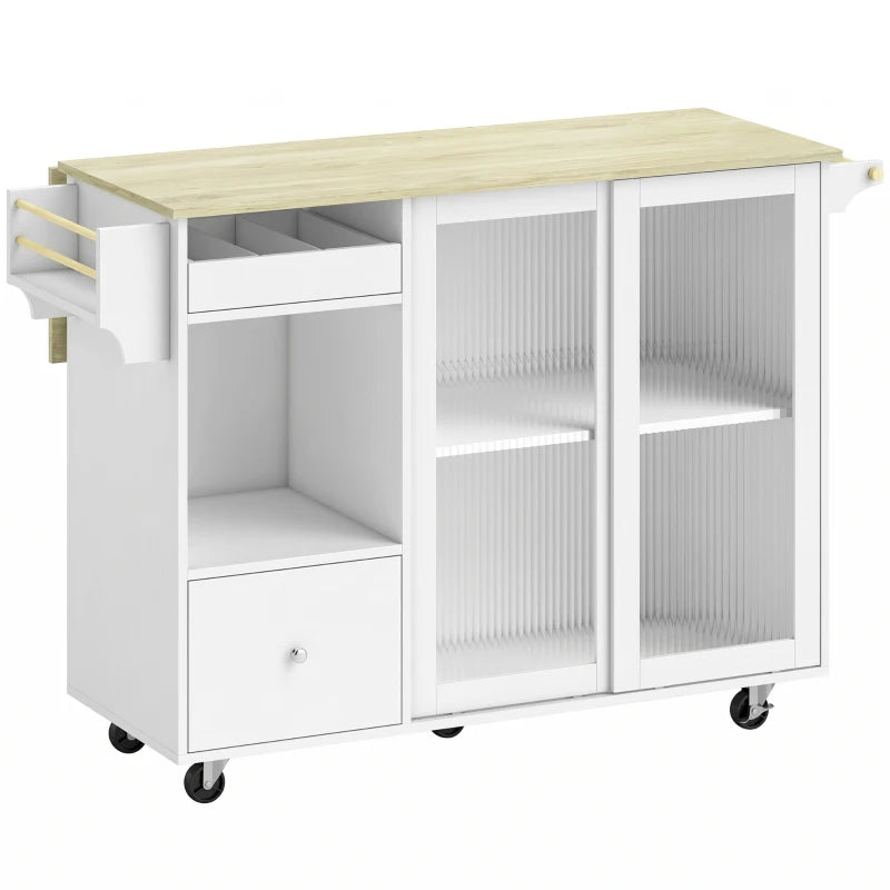Isla de cocina Chablis blanca con puertas de vidrio y ruedas en una cocina