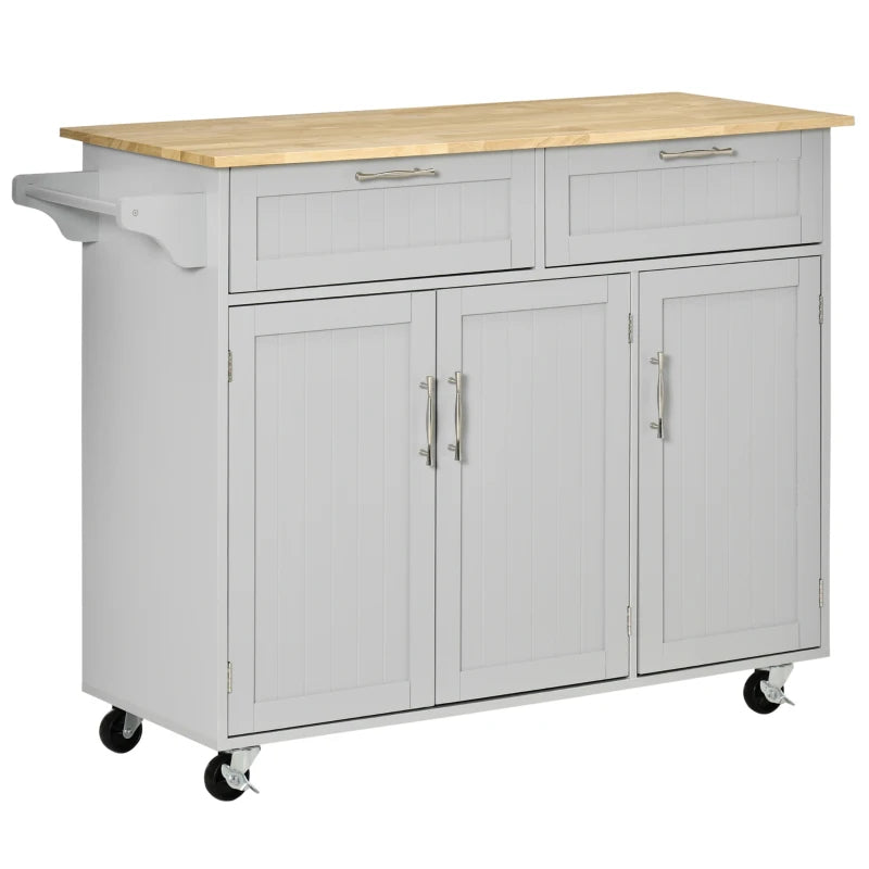 Isla de cocina Coburg con ruedas en gris y madera en una cocina