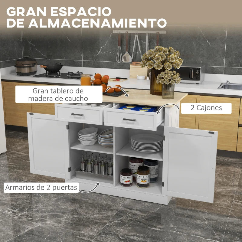 Isla de Cocina Rothenburg con Ruedas 105 cm Blanca y Madera con Encimera Plegable, 2 Puertas y 2 Cajones