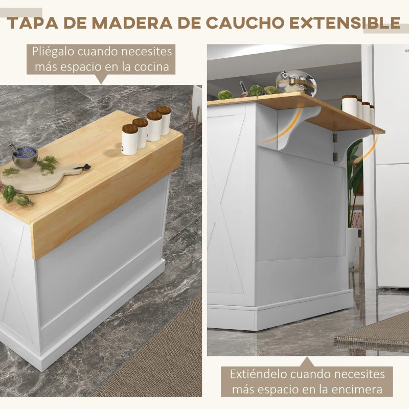 Isla de Cocina Rothenburg con Ruedas 105 cm Blanca y Madera con Encimera Plegable, 2 Puertas y 2 Cajones