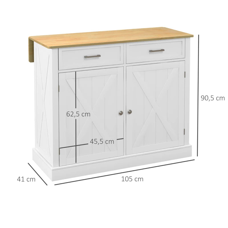 Isla de Cocina Rothenburg con Ruedas 105 cm Blanca y Madera con Encimera Plegable, 2 Puertas y 2 Cajones